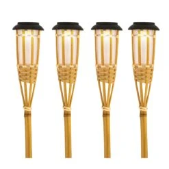 4er Set LED Solar Fackel Gartenfackel Aus Bambus H: 54cm In Natur