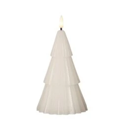 LED Kerze Tannenbaum Echtwachs 3D Flamme H. 18cm In Weiß